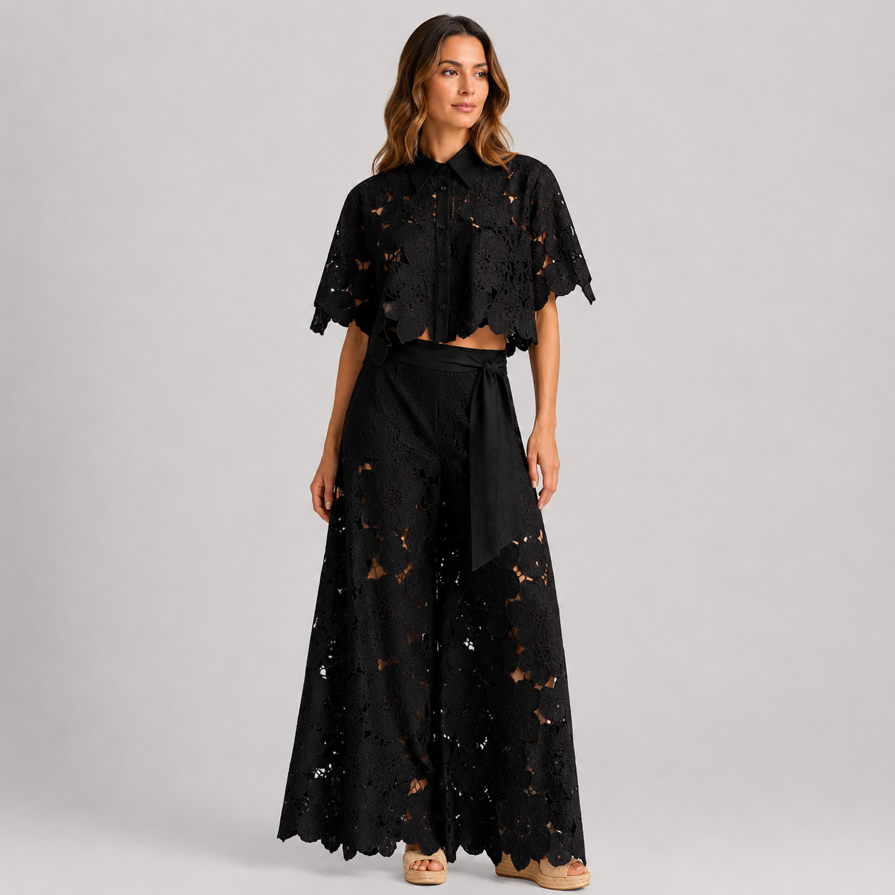 Coutivo - Ensemble Femme Dentelle Florale Deux Pièces Coupe Large Élégance Raffinée Style Chic