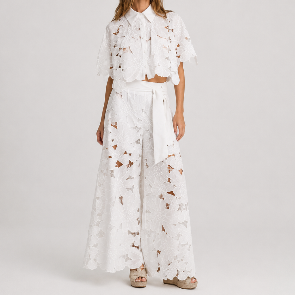 Coutivo - Ensemble Femme Dentelle Florale Deux Pièces Coupe Large Élégance Raffinée Style Chic
