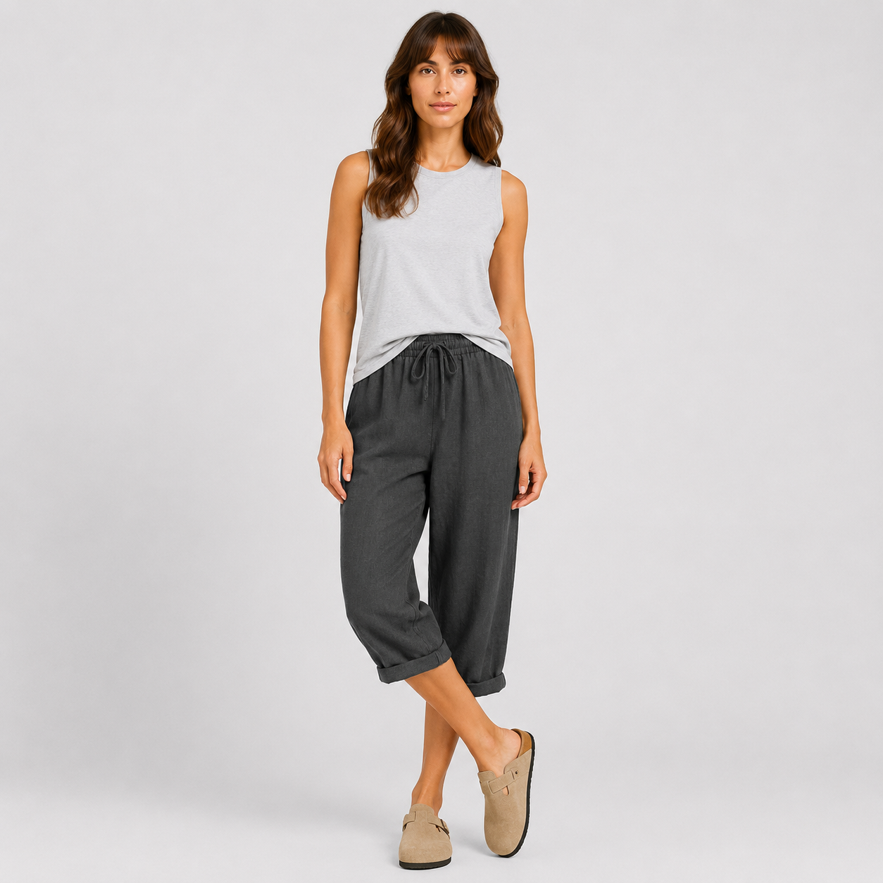 Coutivo - Pantalon Femme Lin Longueur Genou Taille Élastique Confort Léger Style Décontracté
