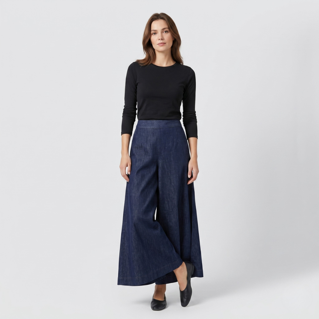 Coutivo - Pantalon Large Femme Polyester Confort Taille Haute Classique Bleu