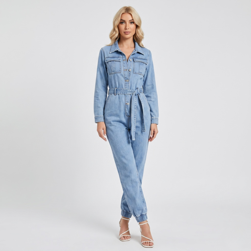 Coutivo - Combinaison Femme Denim Stretch Confort Coupe Slim Manches Longues
