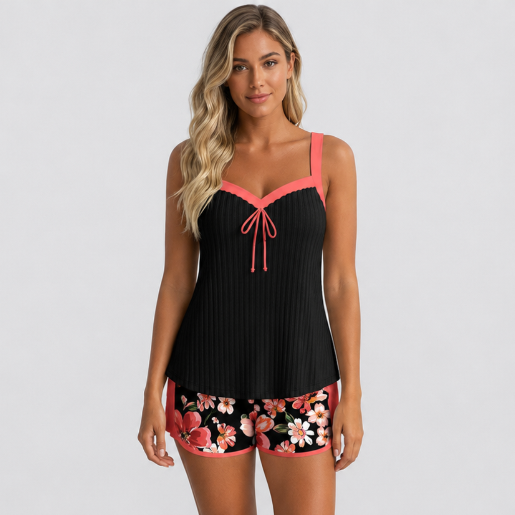 Coutivo - Maillot de Bain Femme Deux Pièces Débardeur Côtelé Short Fleuri Confort Élégant
