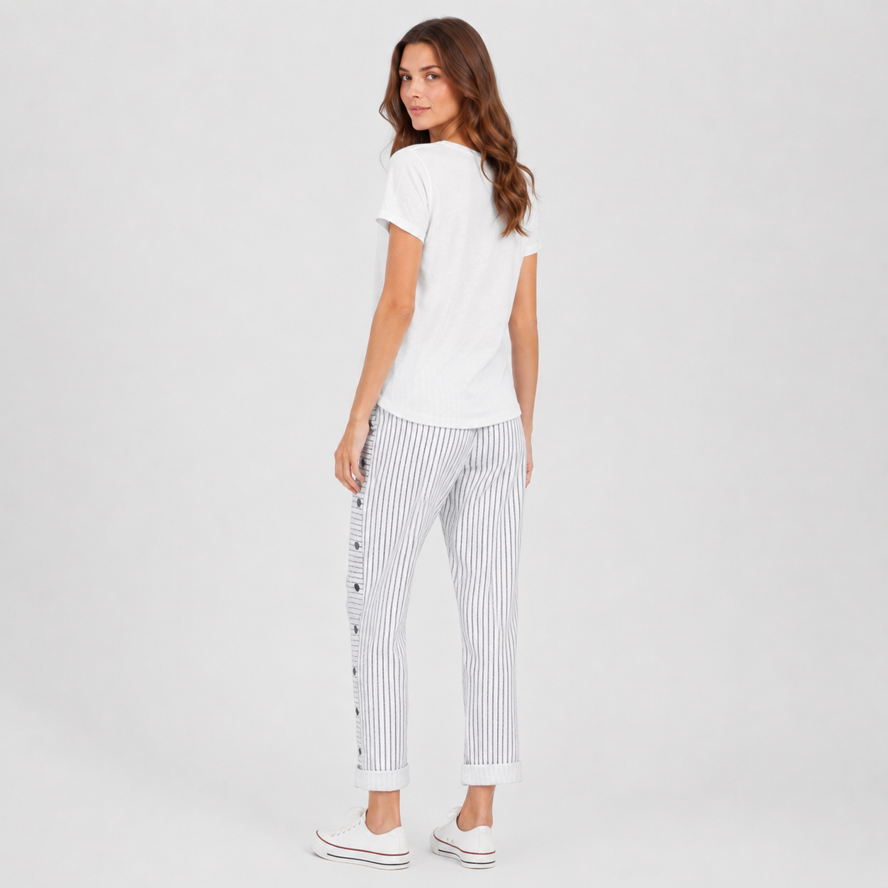 Coutivo - Pantalon Femme Rayé Boutons Latéraux Coupe Décontractée Confort Léger Style Moderne