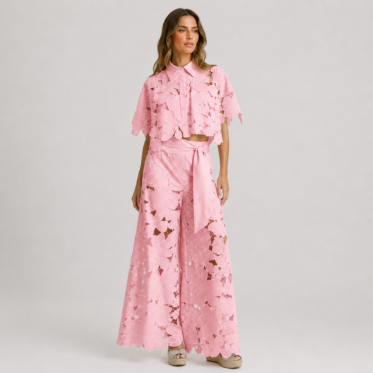 Coutivo - Ensemble Femme Dentelle Florale Deux Pièces Coupe Large Élégance Raffinée Style Chic