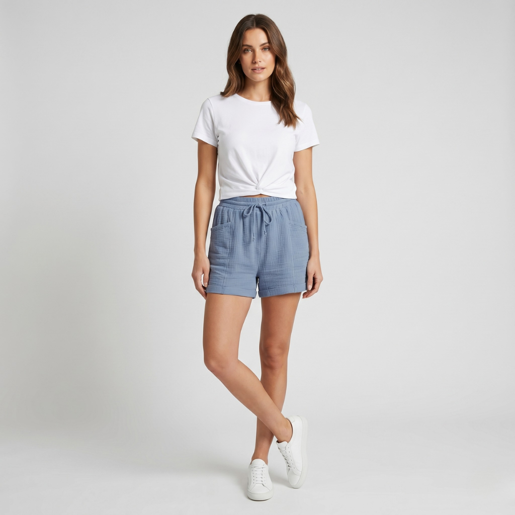 Coutivo - Short Femme Coton Lin Classique Taille Ajustable Style Intemporel