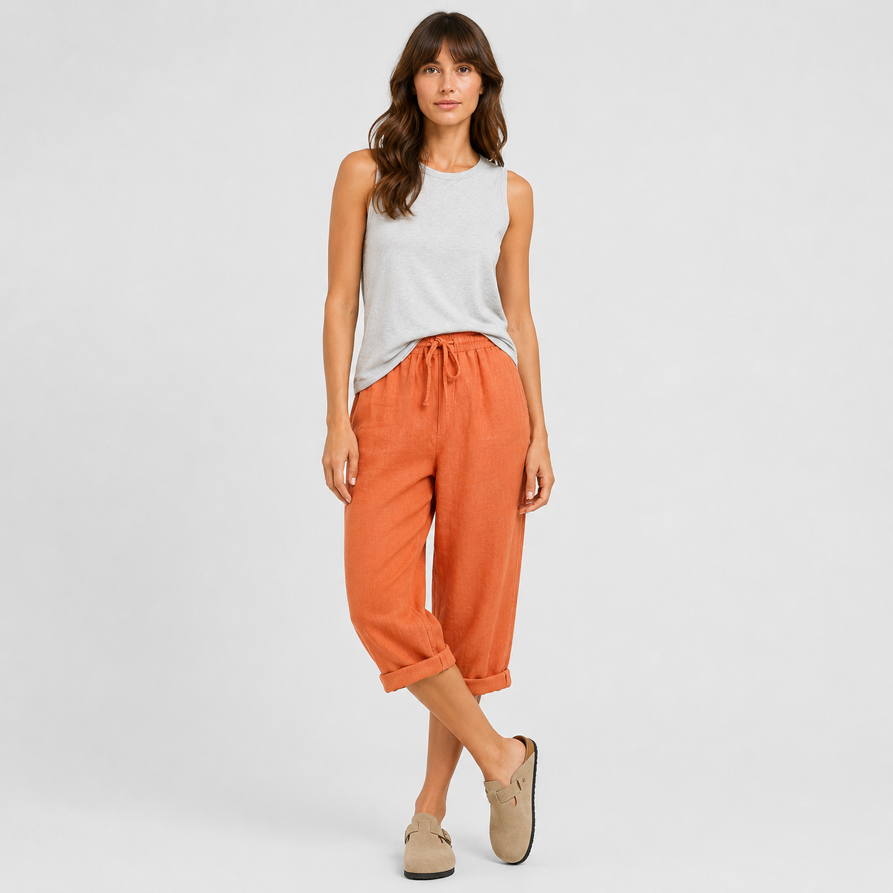Coutivo - Pantalon Femme Lin Longueur Genou Taille Élastique Confort Léger Style Décontracté