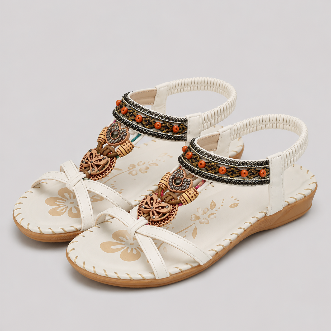 Coutivo - Sandales Femme Bohème Perles Décoratives Brides Croisées Confort Quotidien Style Élégant