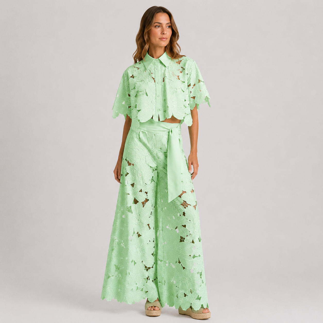 Coutivo - Ensemble Femme Dentelle Florale Deux Pièces Coupe Large Élégance Raffinée Style Chic
