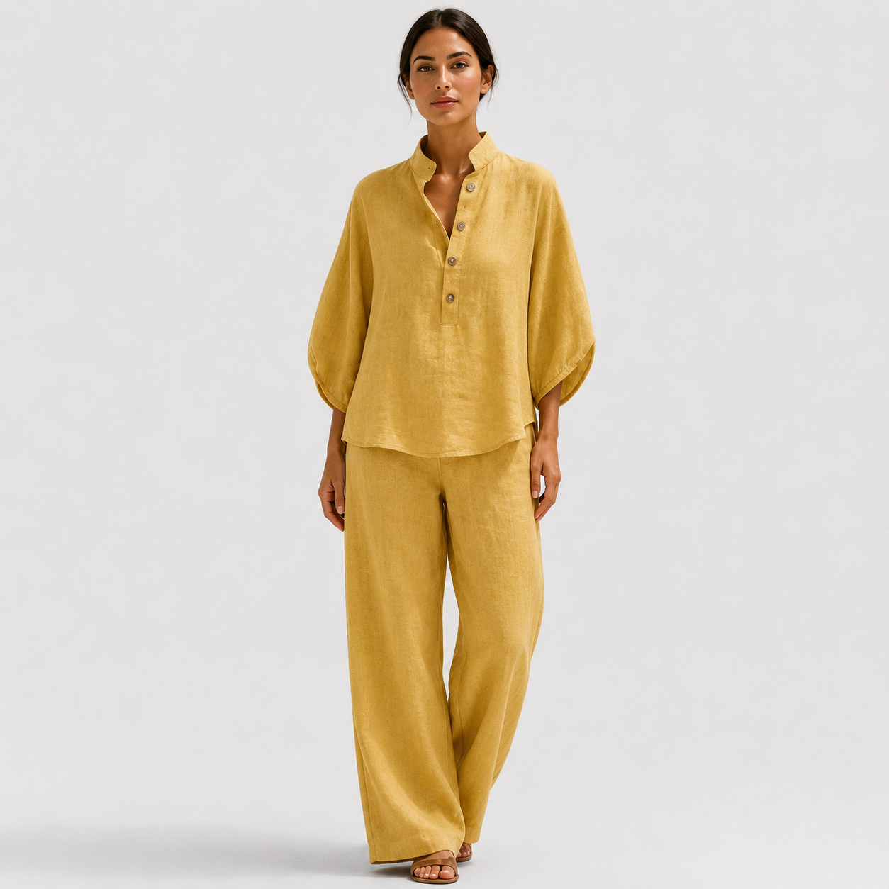 Coutivo - Ensemble Femme Deux Pièces Lin Coupe Ample Boutonnée Élégance Décontractée Confort Léger