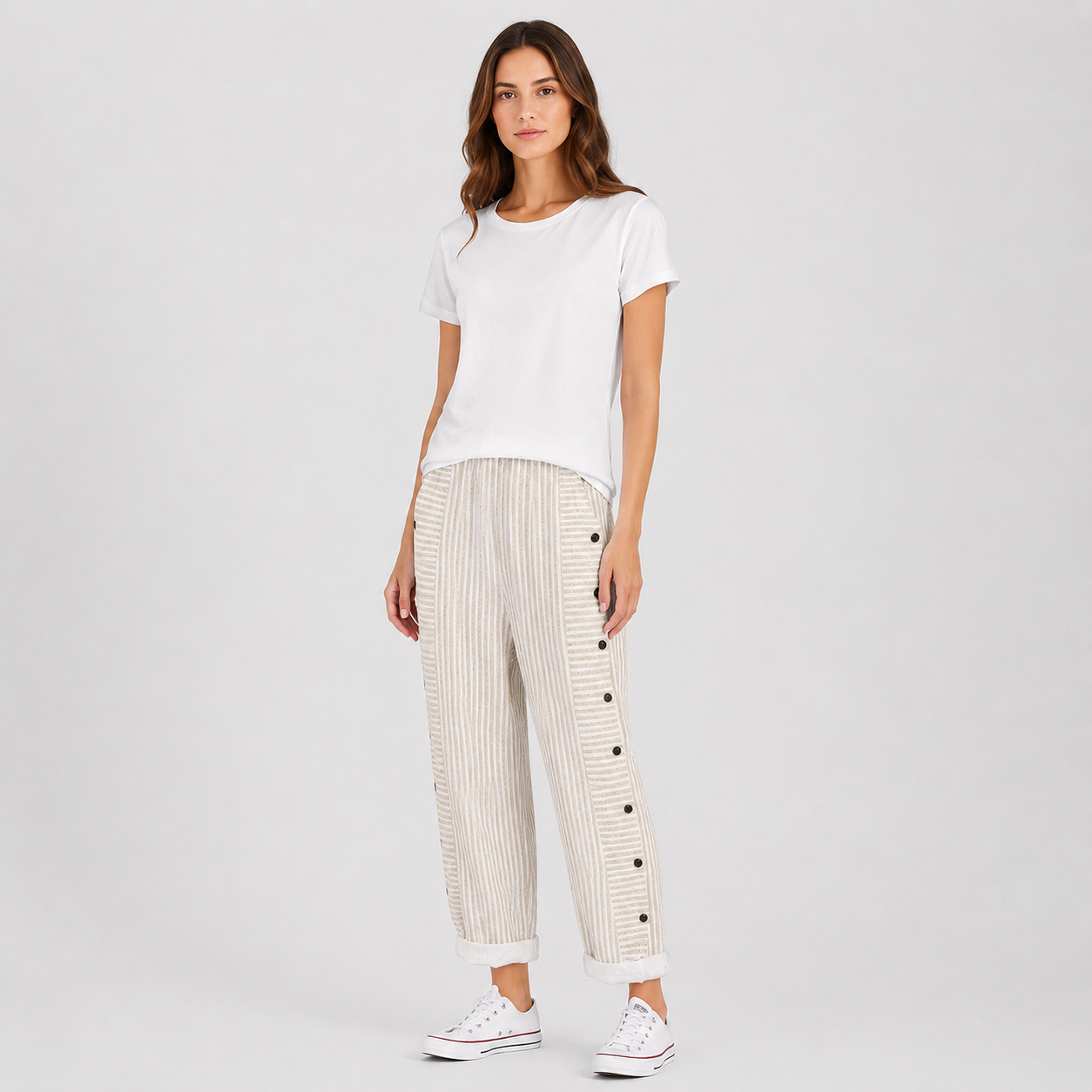 Coutivo - Pantalon Femme Rayé Boutons Latéraux Coupe Décontractée Confort Léger Style Moderne