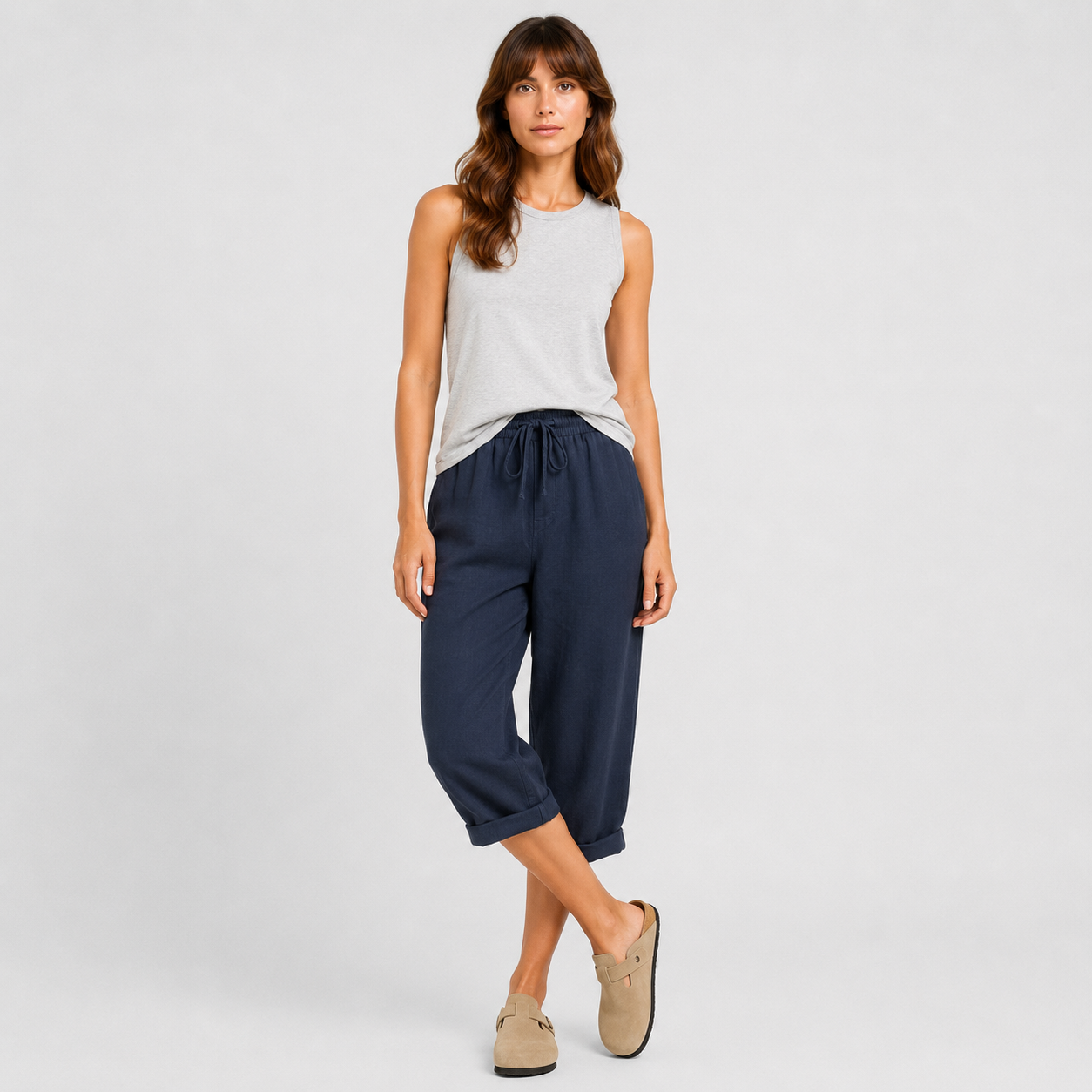 Coutivo - Pantalon Femme Lin Longueur Genou Taille Élastique Confort Léger Style Décontracté
