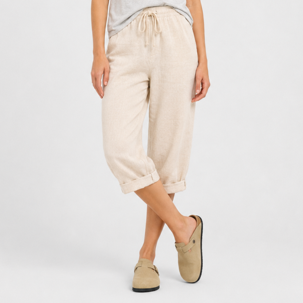 Coutivo - Pantalon Femme Lin Longueur Genou Taille Élastique Confort Léger Style Décontracté