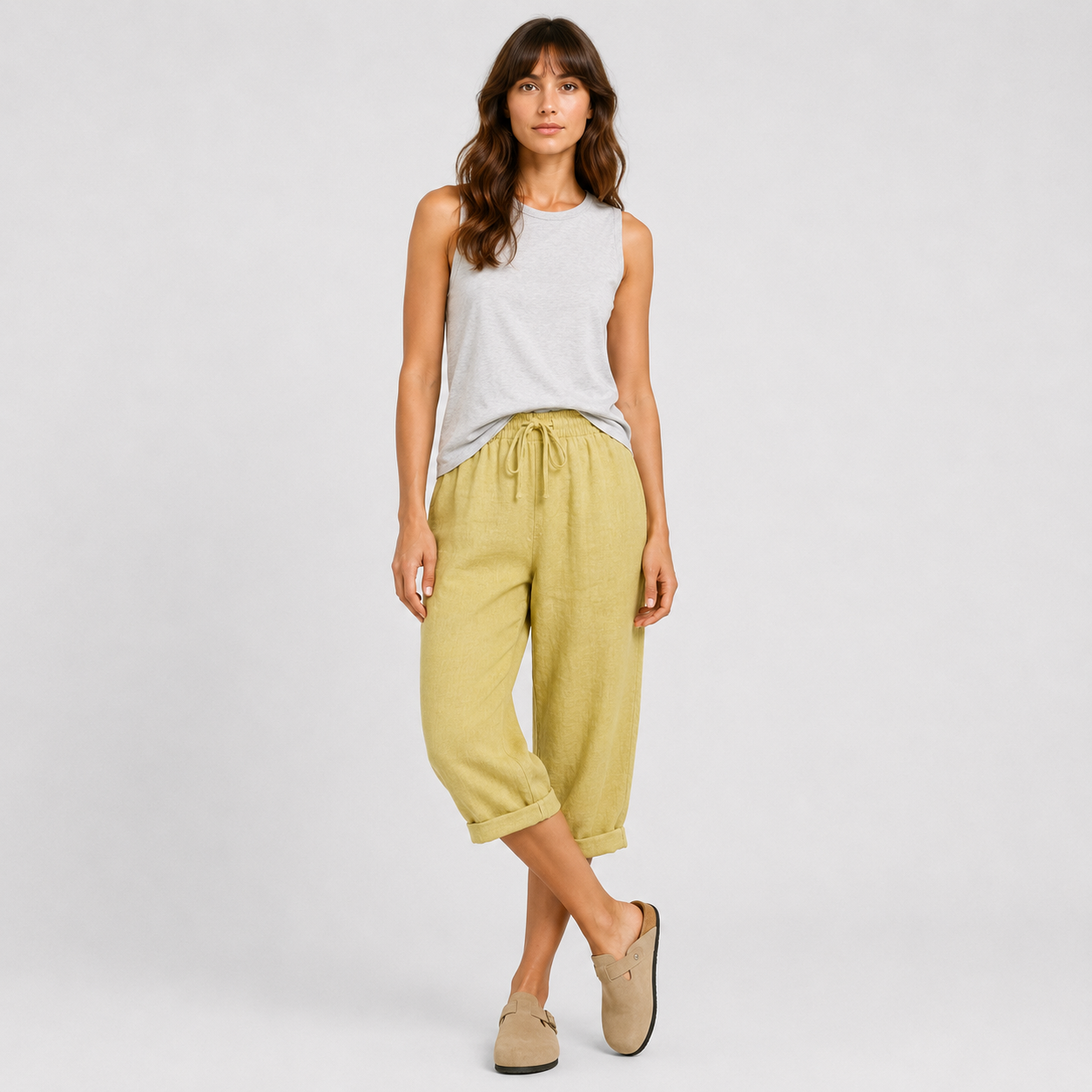 Coutivo - Pantalon Femme Lin Longueur Genou Taille Élastique Confort Léger Style Décontracté