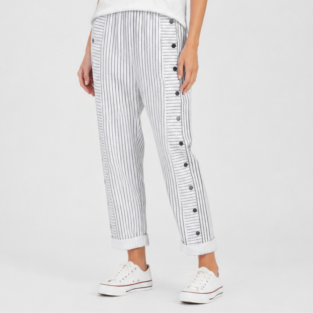 Coutivo - Pantalon Femme Rayé Boutons Latéraux Coupe Décontractée Confort Léger Style Moderne