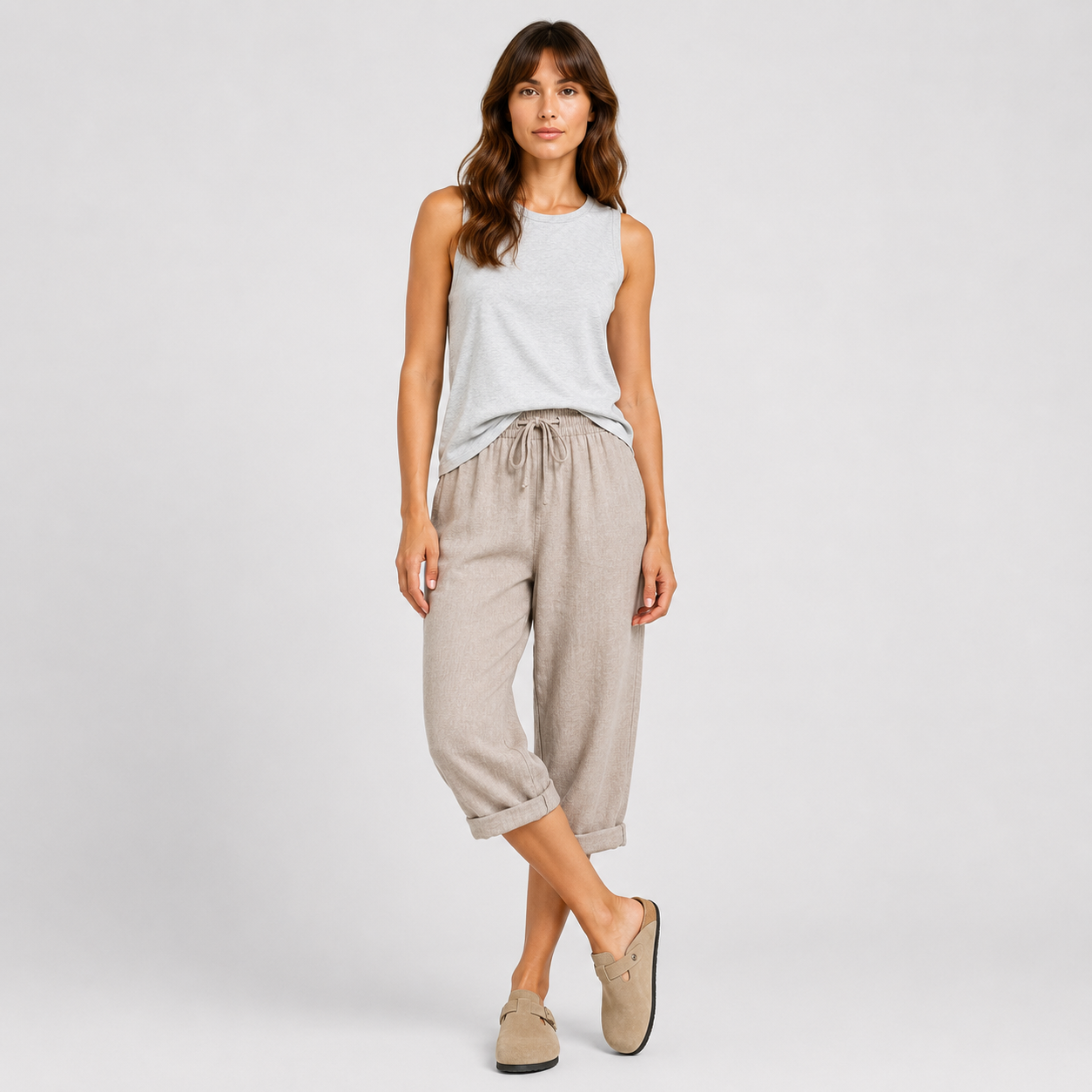 Coutivo - Pantalon Femme Lin Longueur Genou Taille Élastique Confort Léger Style Décontracté