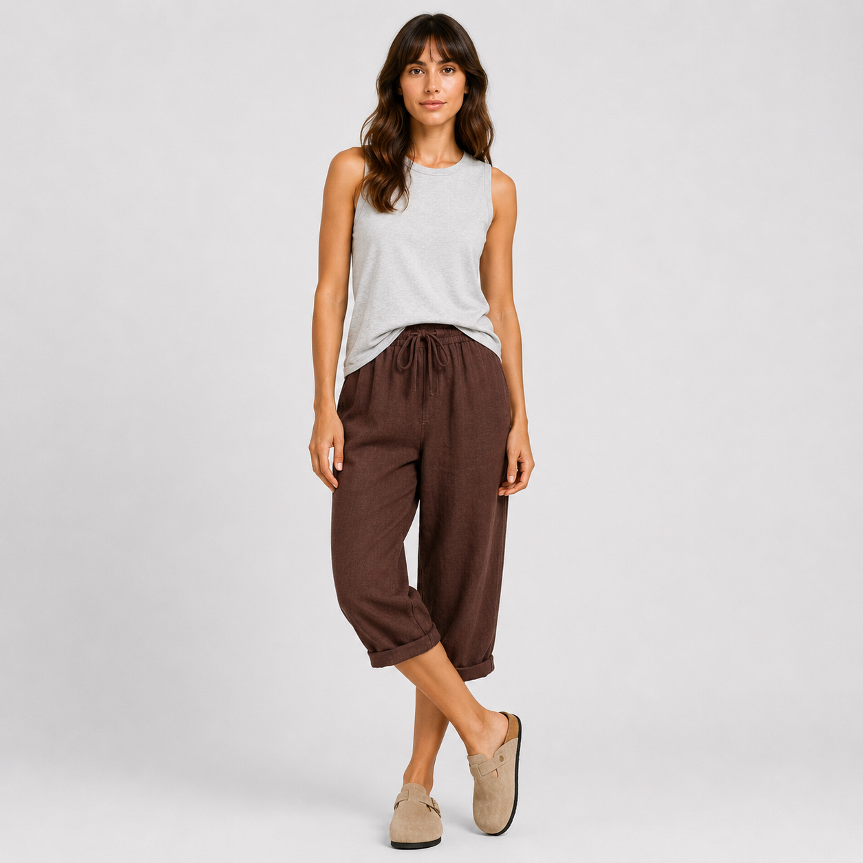 Coutivo - Pantalon Femme Lin Longueur Genou Taille Élastique Confort Léger Style Décontracté