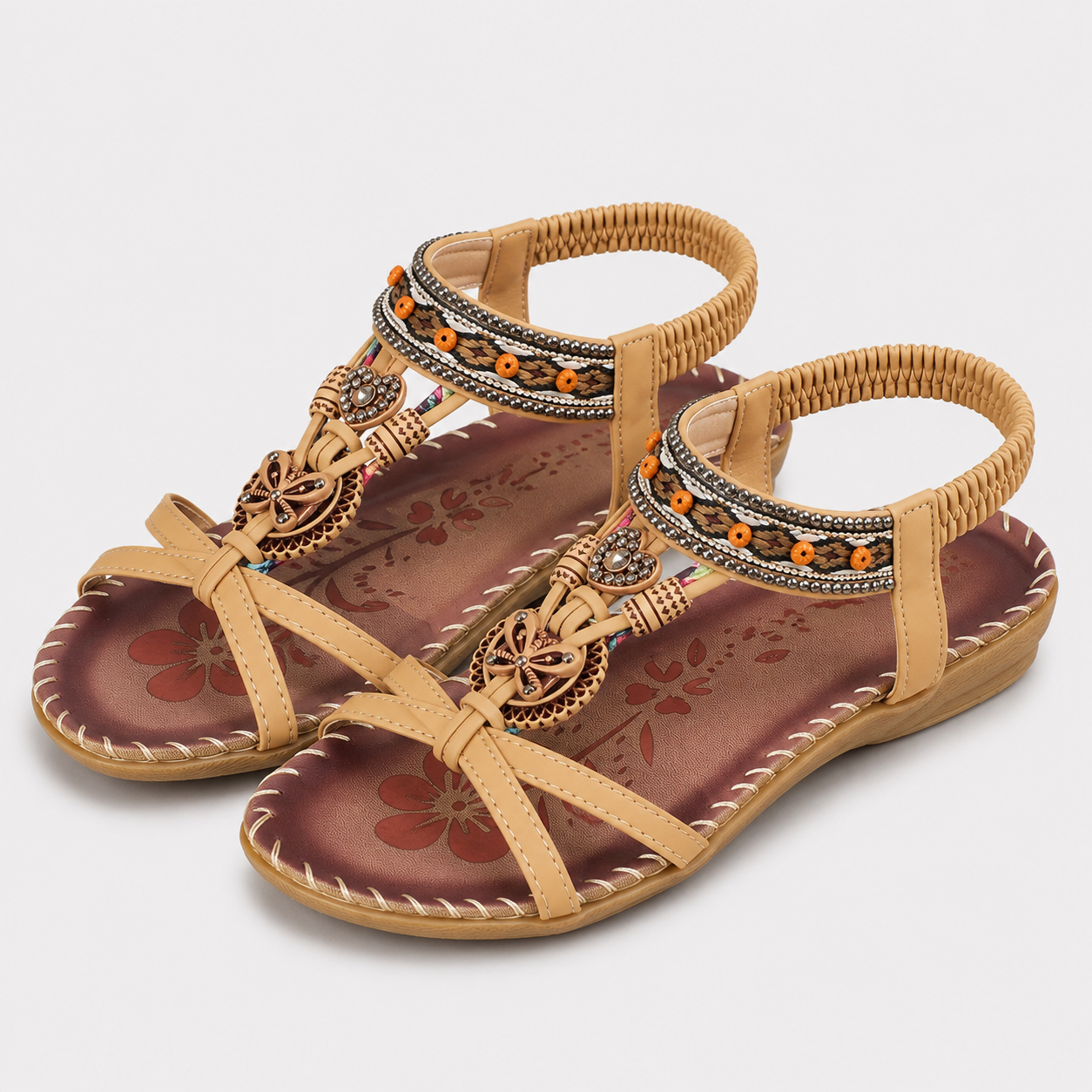 Coutivo - Sandales Femme Bohème Perles Décoratives Brides Croisées Confort Quotidien Style Élégant