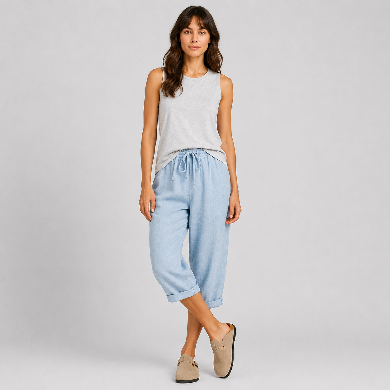 Coutivo - Pantalon Femme Lin Longueur Genou Taille Élastique Confort Léger Style Décontracté