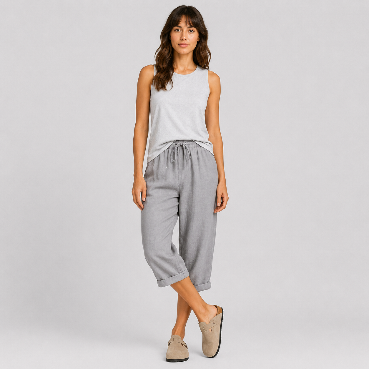 Coutivo - Pantalon Femme Lin Longueur Genou Taille Élastique Confort Léger Style Décontracté