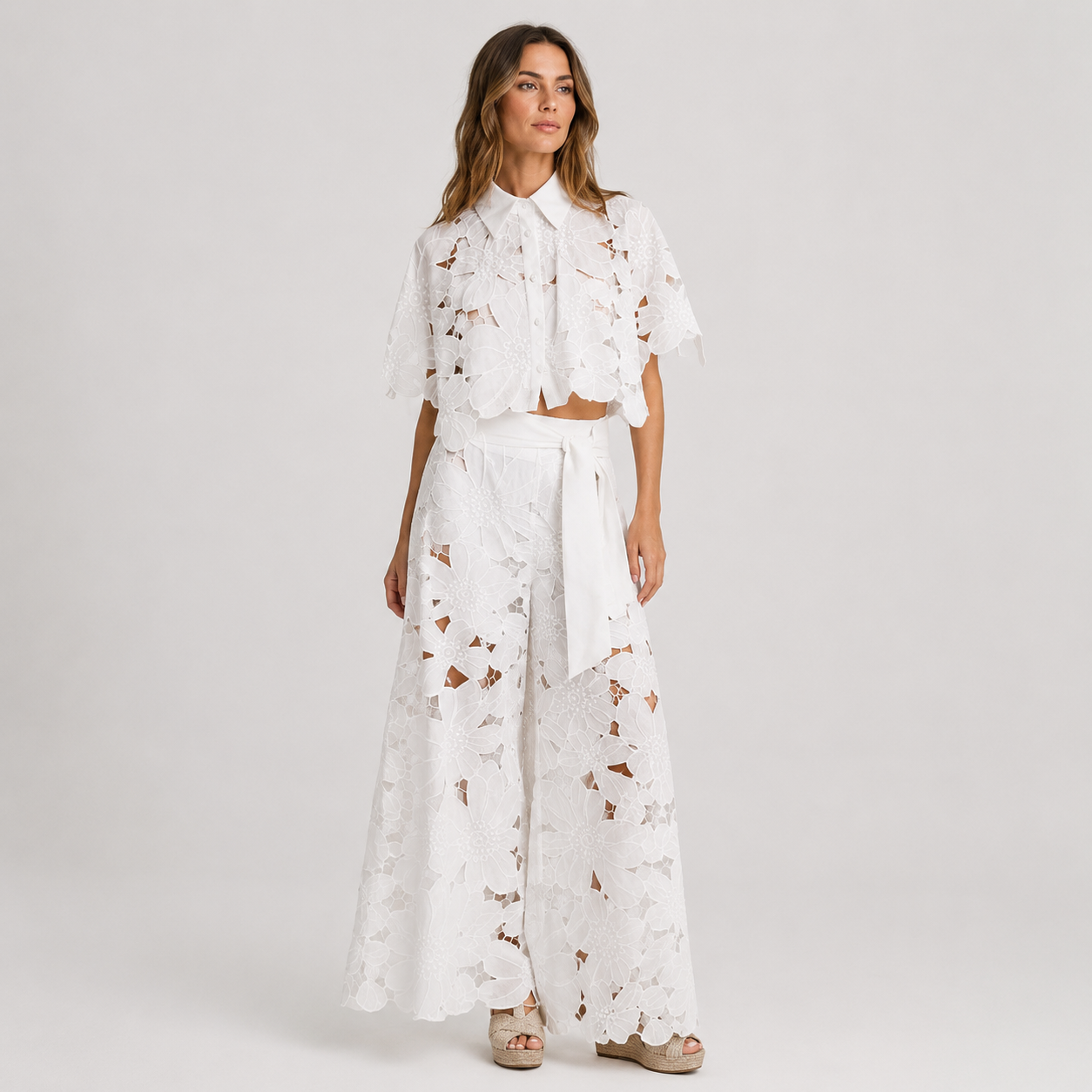 Coutivo - Ensemble Femme Dentelle Florale Deux Pièces Coupe Large Élégance Raffinée Style Chic