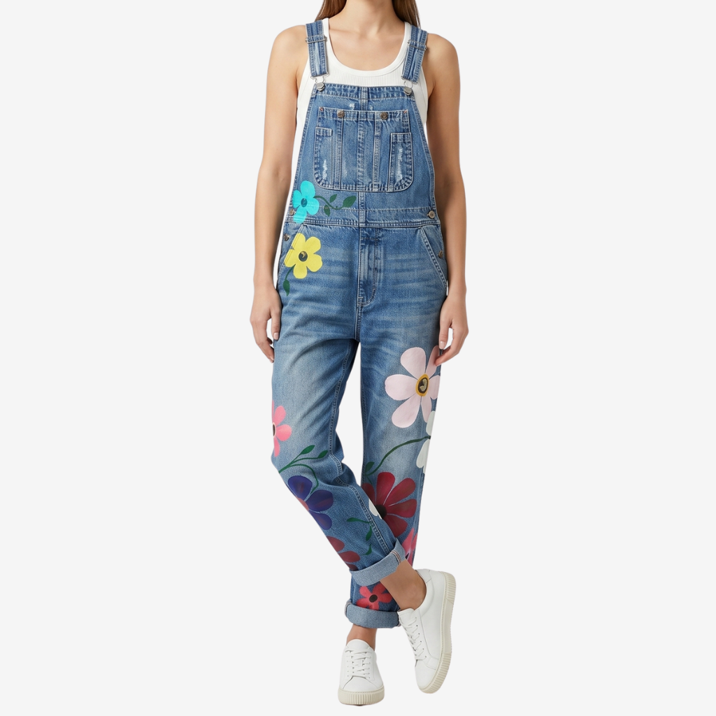 Coutivo - Salopette Femme Denim Imprimé Floral Coupe Droite