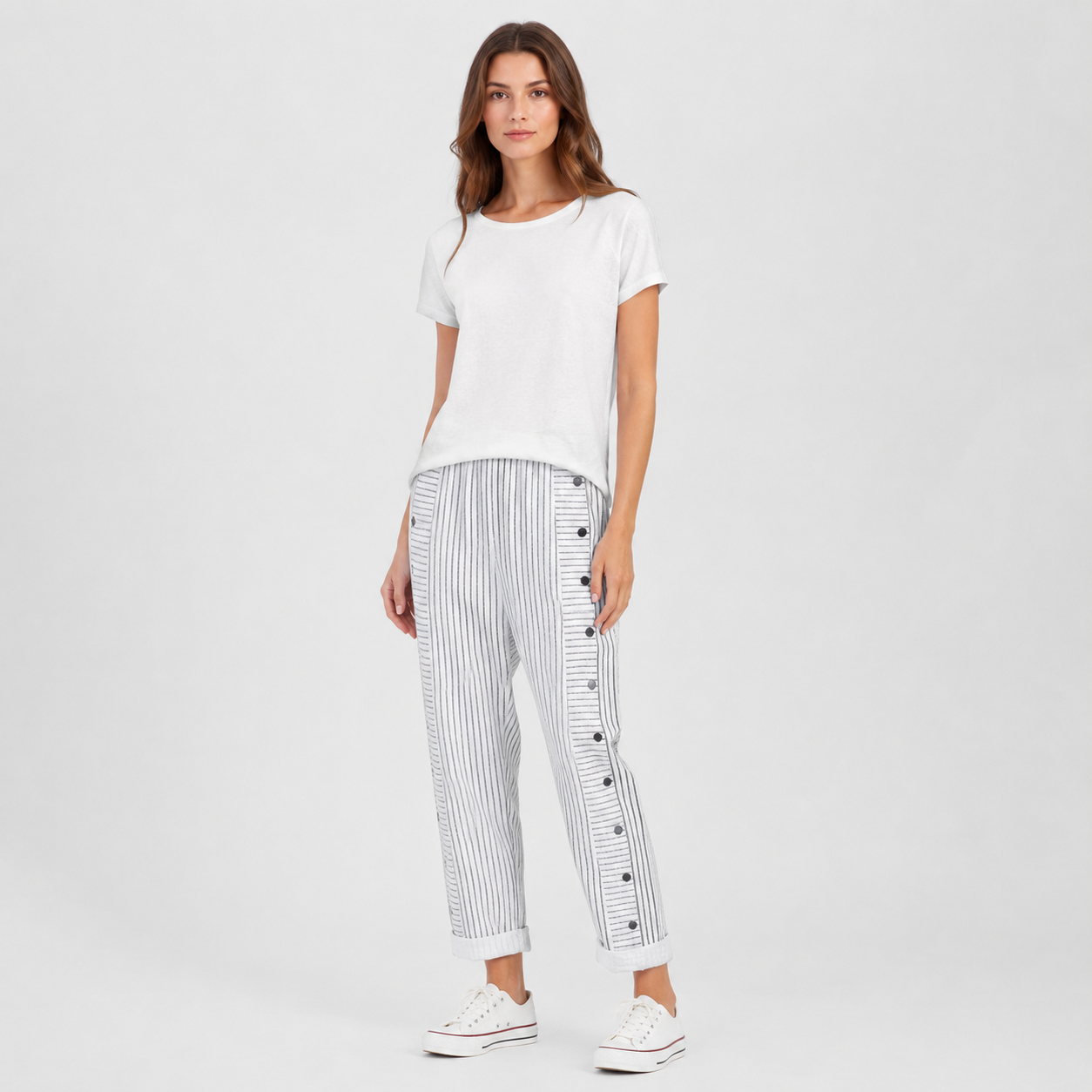 Coutivo - Pantalon Femme Rayé Boutons Latéraux Coupe Décontractée Confort Léger Style Moderne