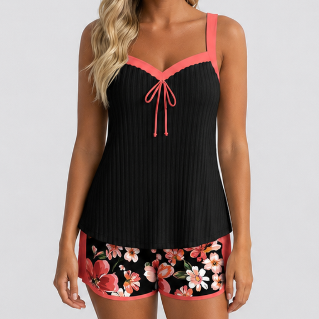 Coutivo - Maillot de Bain Femme Deux Pièces Débardeur Côtelé Short Fleuri Confort Élégant