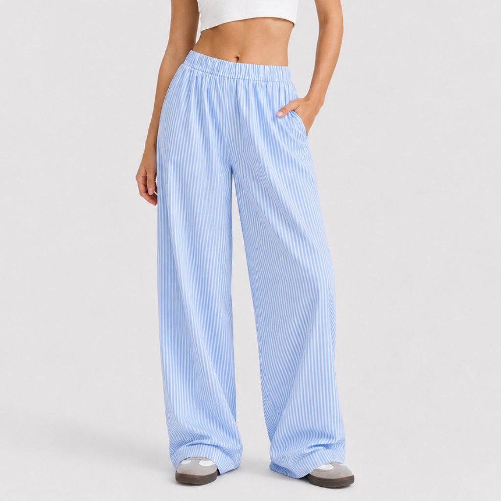 Coutivo - Pantalon Femme Rayé Coupe Large Taille Élastique Confort Fluide Style Décontracté