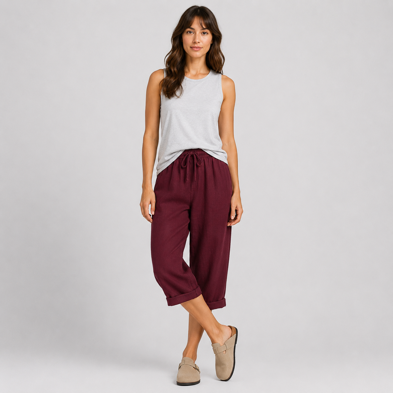 Coutivo - Pantalon Femme Lin Longueur Genou Taille Élastique Confort Léger Style Décontracté