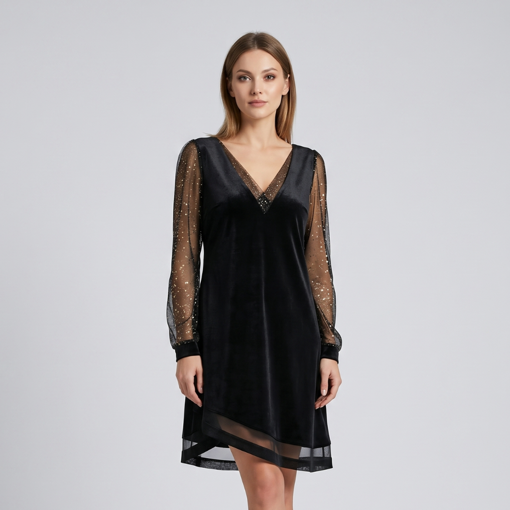 Coutivo - Robe noire pour femme, col en V, coupe intemporelle et élégante