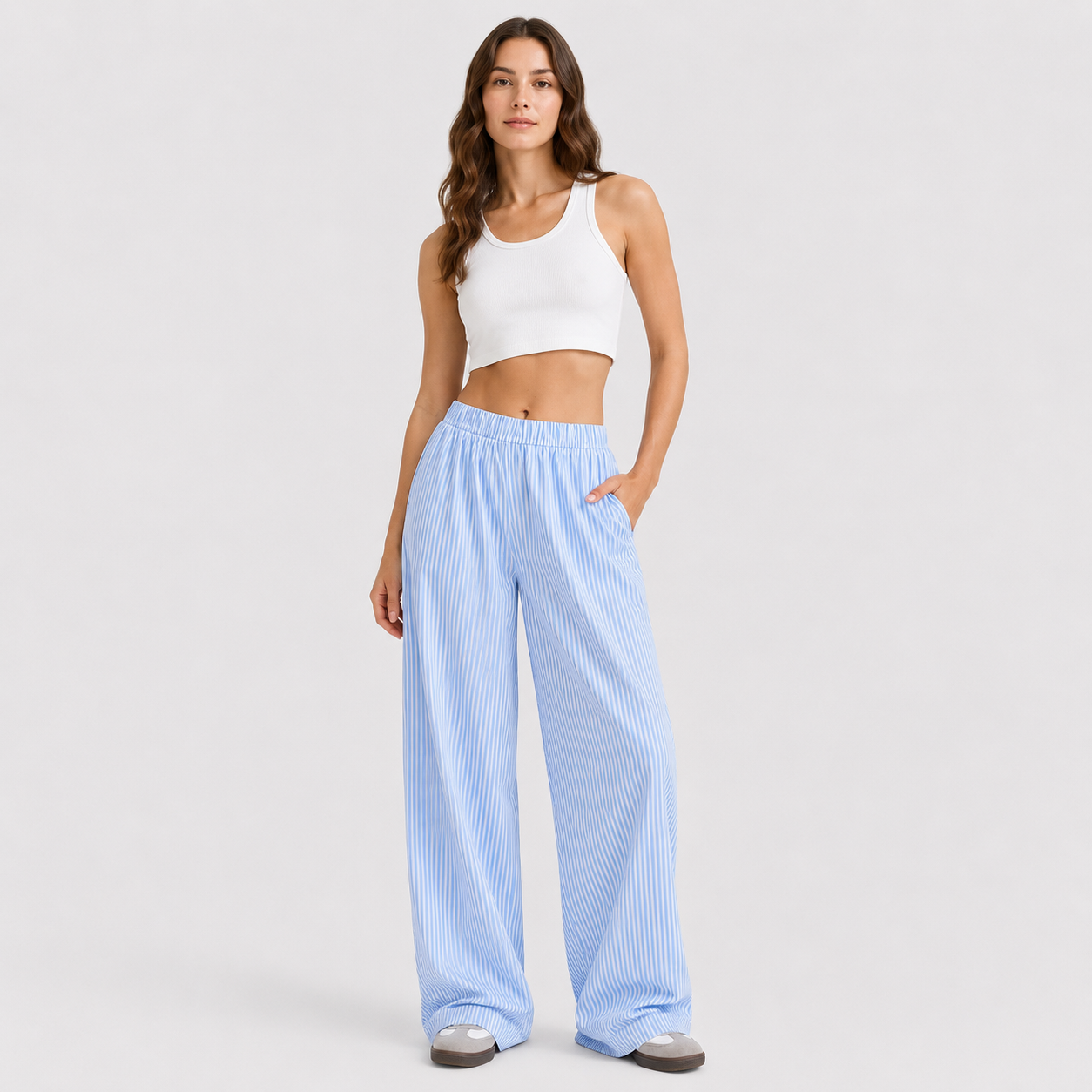 Coutivo - Pantalon Femme Rayé Coupe Large Taille Élastique Confort Fluide Style Décontracté