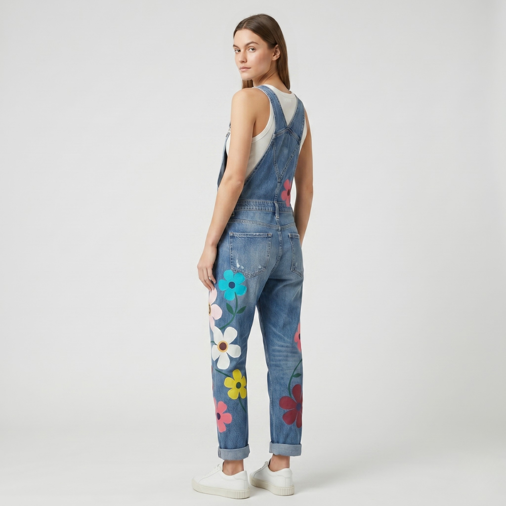Coutivo - Salopette Femme Denim Imprimé Floral Coupe Droite