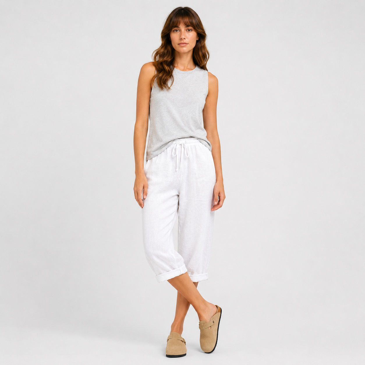 Coutivo - Pantalon Femme Lin Longueur Genou Taille Élastique Confort Léger Style Décontracté