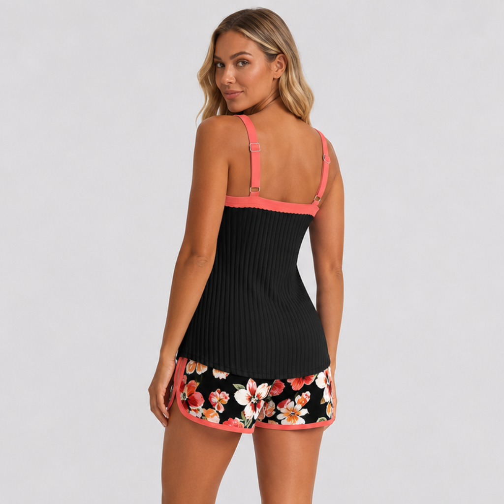 Coutivo - Maillot de Bain Femme Deux Pièces Débardeur Côtelé Short Fleuri Confort Élégant