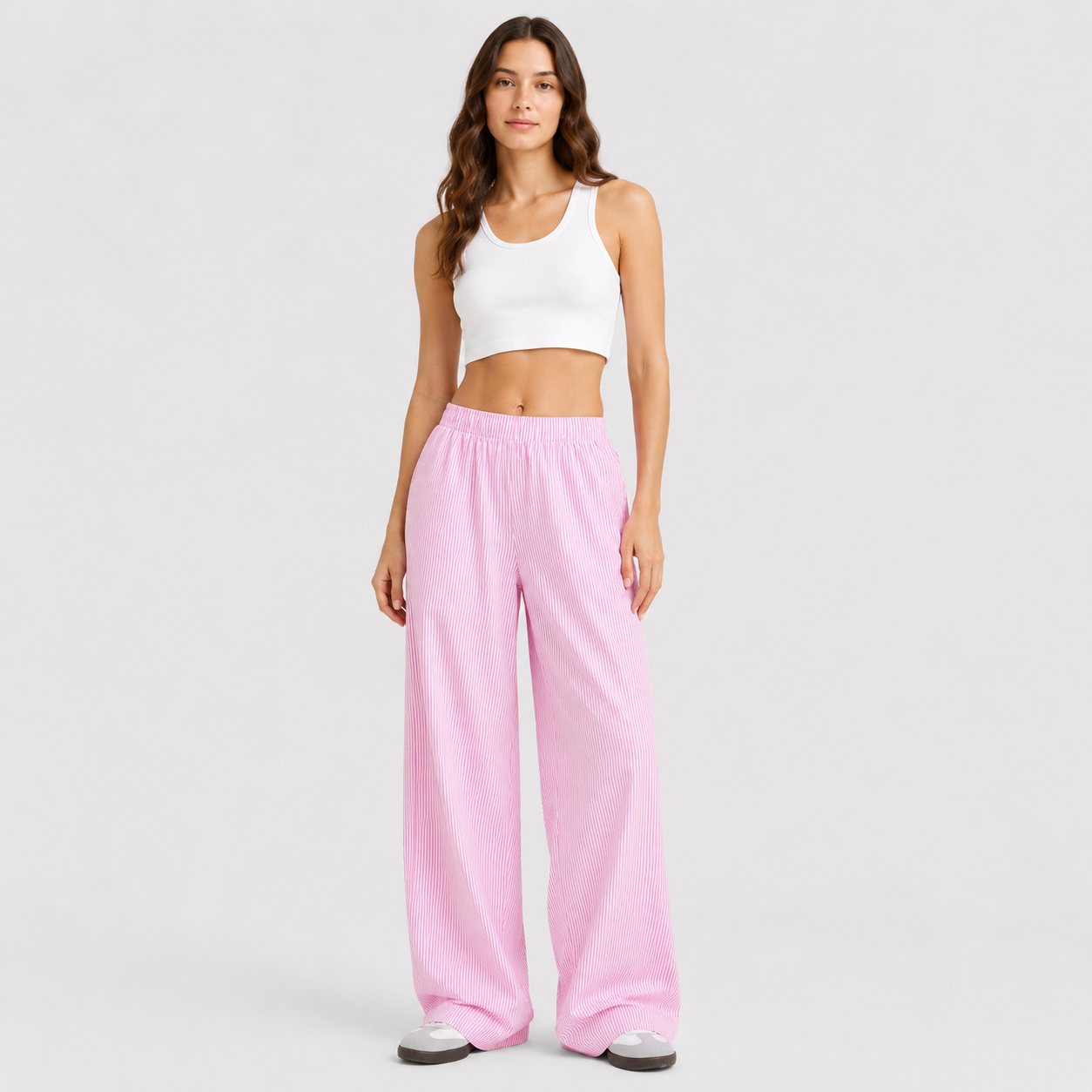 Coutivo - Pantalon Femme Rayé Coupe Large Taille Élastique Confort Fluide Style Décontracté