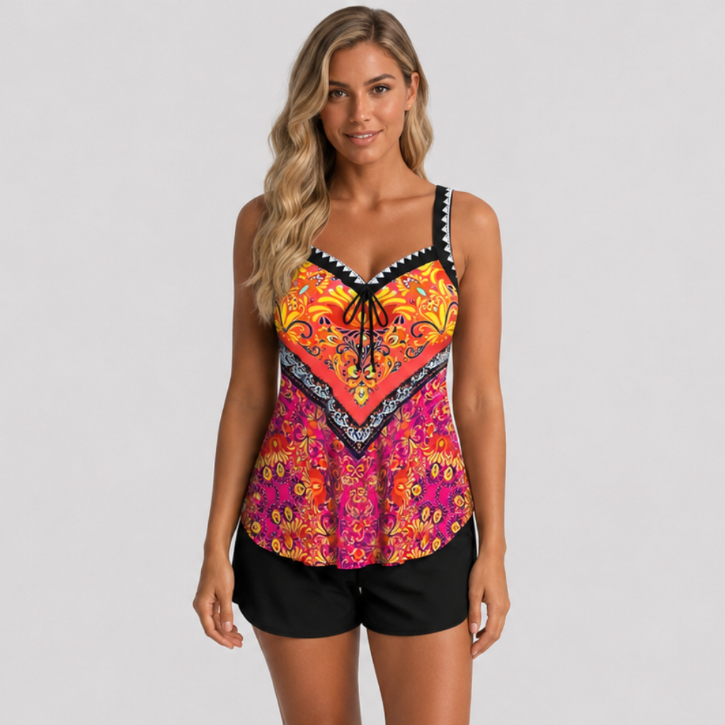 Coutivo - Maillot de Bain Femme Deux Pièces Débardeur Côtelé Short Fleuri Confort Élégant