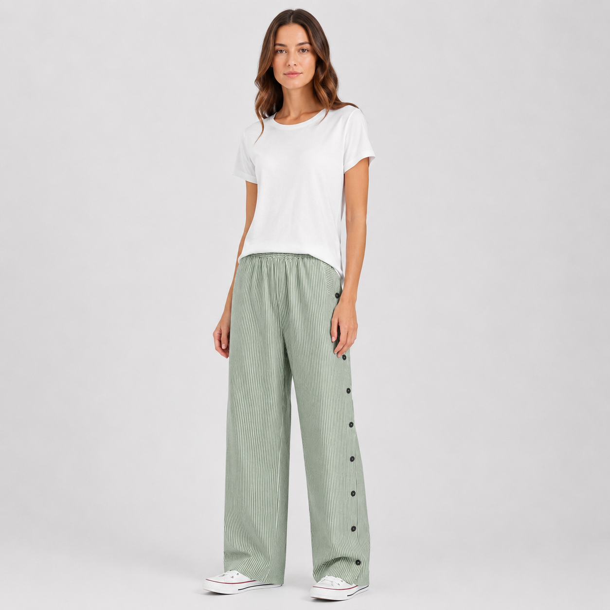 Coutivo - Pantalon Femme Rayé Boutons Latéraux Coupe Décontractée Confort Léger Style Moderne
