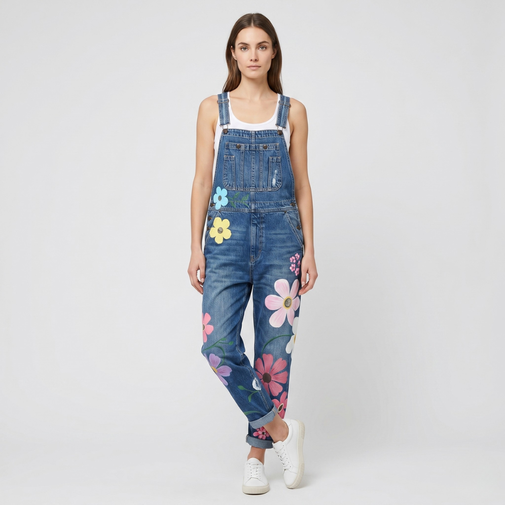 Coutivo - Salopette Femme Denim Imprimé Floral Coupe Droite
