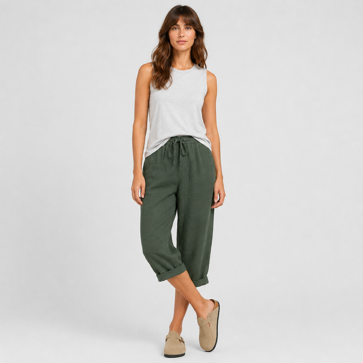 Coutivo - Pantalon Femme Lin Longueur Genou Taille Élastique Confort Léger Style Décontracté