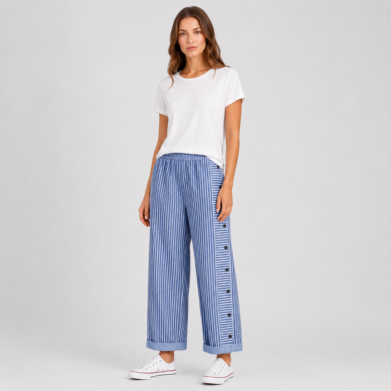 Coutivo - Pantalon Femme Rayé Boutons Latéraux Coupe Décontractée Confort Léger Style Moderne