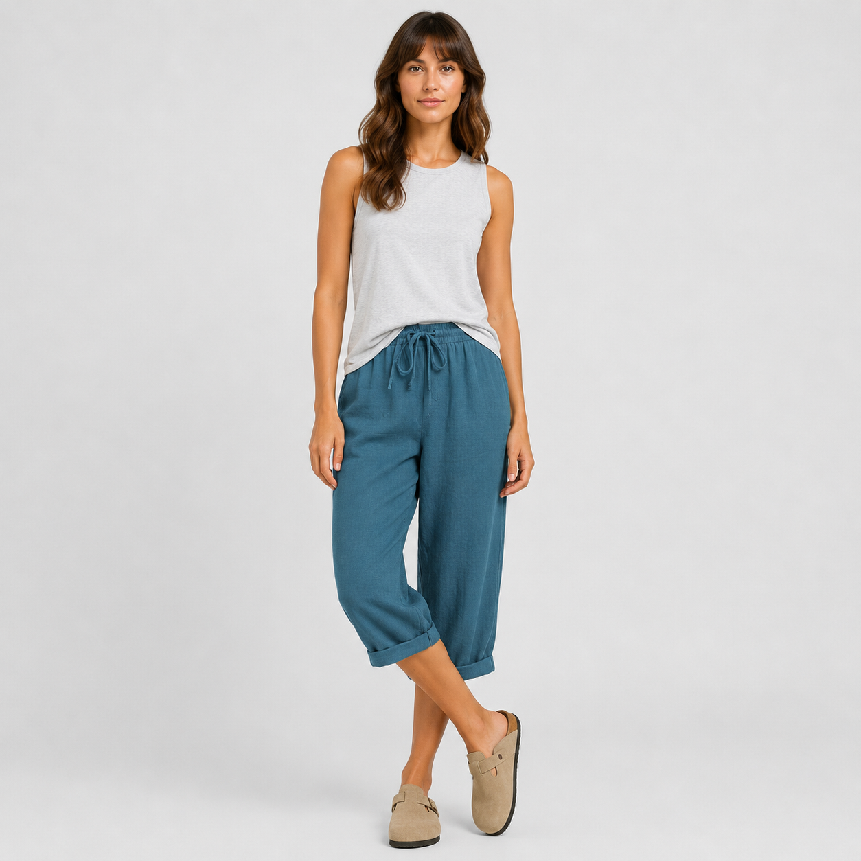 Coutivo - Pantalon Femme Lin Longueur Genou Taille Élastique Confort Léger Style Décontracté