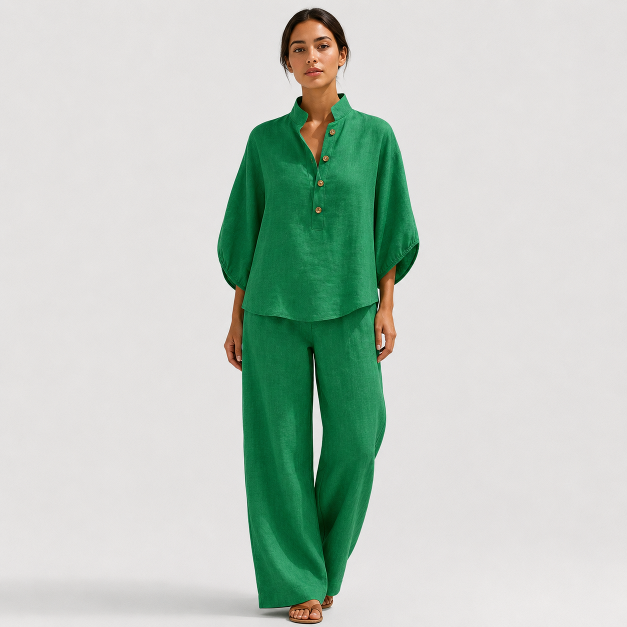 Coutivo - Ensemble Femme Deux Pièces Lin Coupe Ample Boutonnée Élégance Décontractée Confort Léger