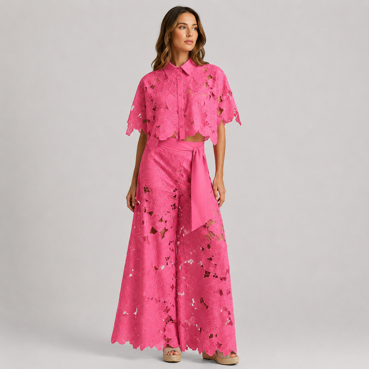 Coutivo - Ensemble Femme Dentelle Florale Deux Pièces Coupe Large Élégance Raffinée Style Chic